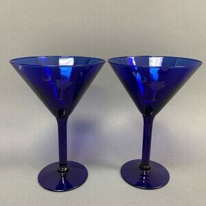 Cobalt Blue Glass Martini Margarita Glasses Moon Tree 6 7/8 Tall Lot of 2‎
